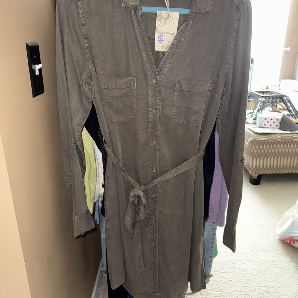 Hem & Thread Gray Khaki Button-up Shirt Dress with Belt